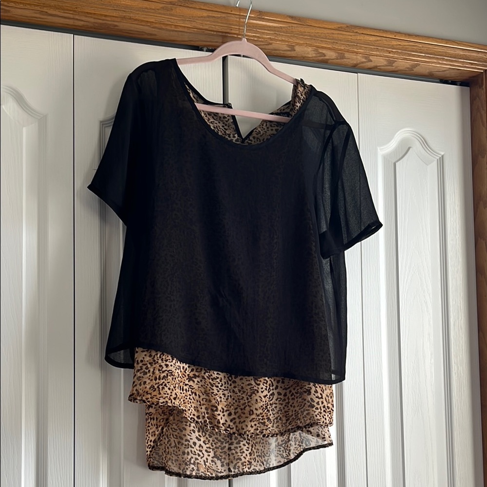 Papillon Blanc Black & Animal Print High Low Tiered Blouse